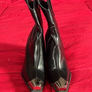 Black Faux Leather Cowboy Boots with Silver Accents